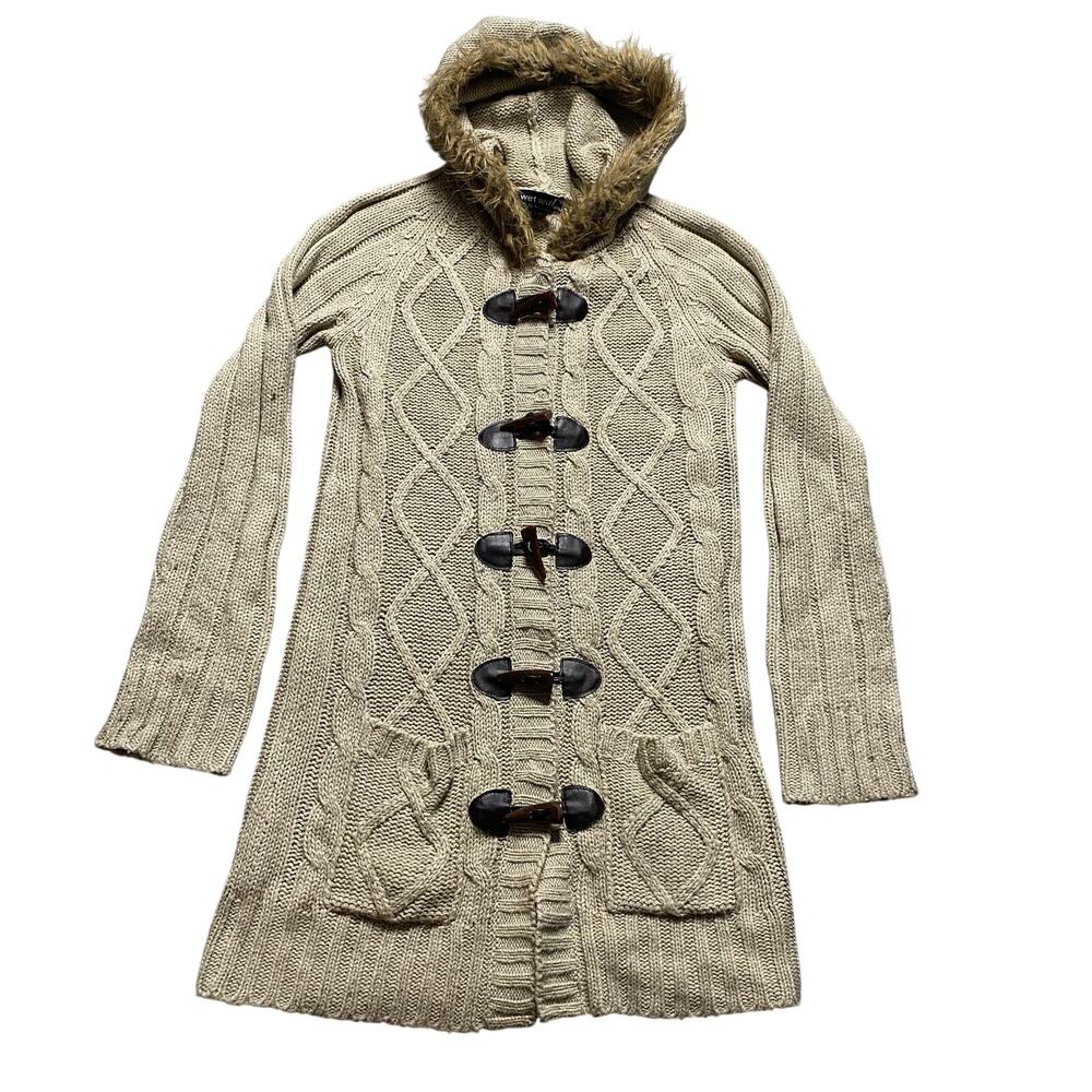 Y2K Wet Seal Cable Knit Faux Fur Hooded Long Sweater Tan Size Medium